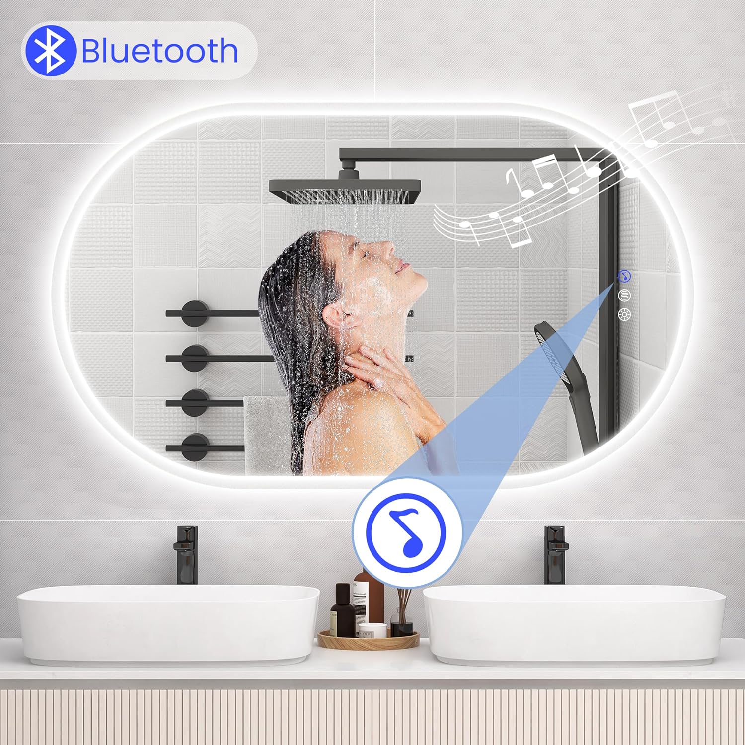 STARLEAD 40"x24" LED-Bathroom-Mirror-with-Lights, Wall-Mounted with Bluetooth Speaker, Anti-Fog, 3 Color Temperature, Dimmable Brightness, Waterproof, Tempered Glass, Frontlit & Backlit, Oval