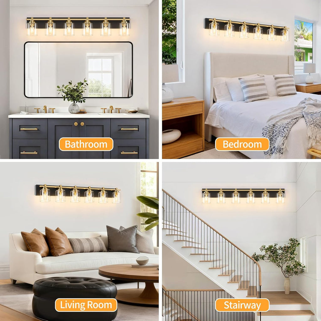 6 Light Modern Bathroom Light Fixtures Over Mirror, Black Gold Vanity Lights for Bathroom Wall Sconces with Clear Glass Shades, E26 Socket (Bulbs Not Included)