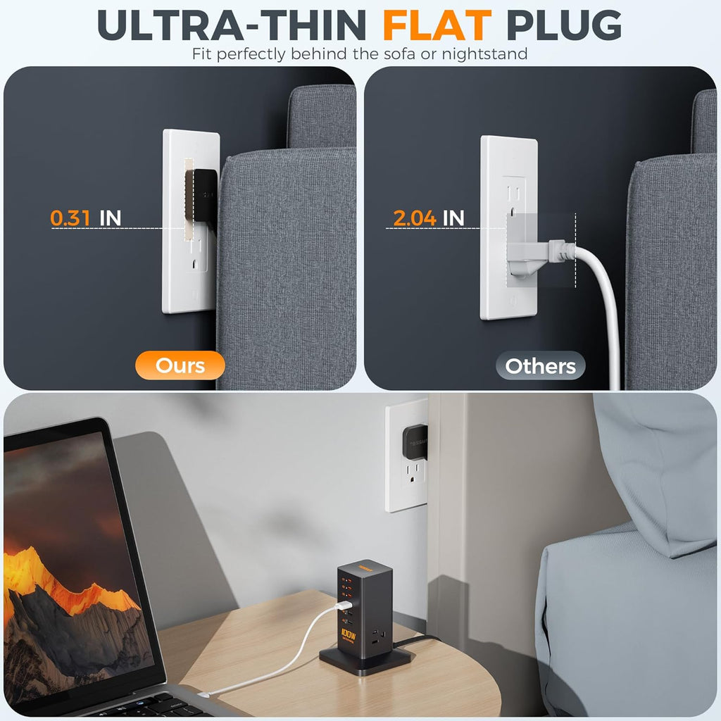 Charging Station PD 100W, TESSAN 9-in-1 USB C Power Strip for iPhone 17/16/15, MacBook, Tablet, Desktop Phone Fast Charger with 3 AC, 3 USB-A Ports, Home Drom Office Accessories