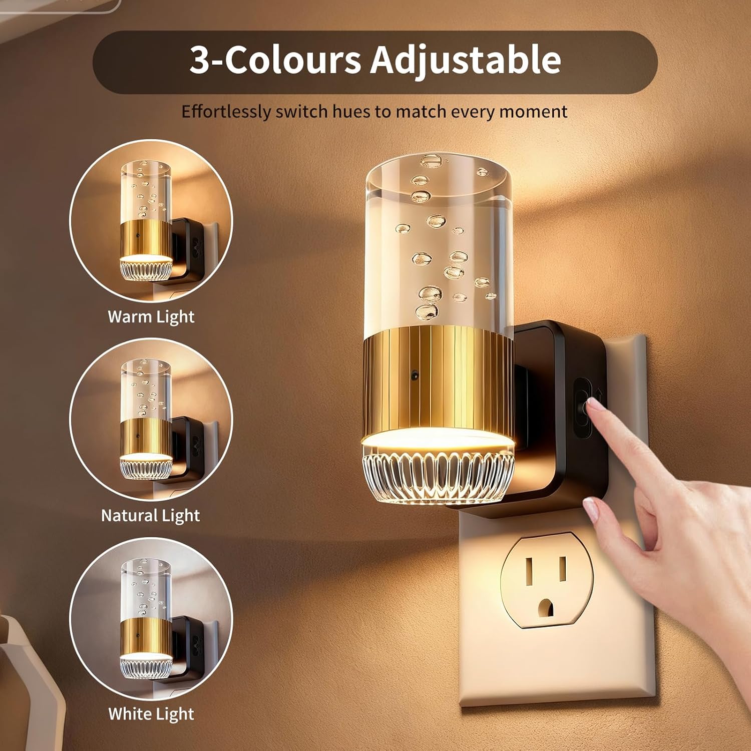 LED Night Light Plug into Wall with Dusk to Dawn Sensor,0-100LM Brightness Acrylic Nightlight with 3 Adjustable Color(3000K/4500K/6000K),2 Pack (Copper)