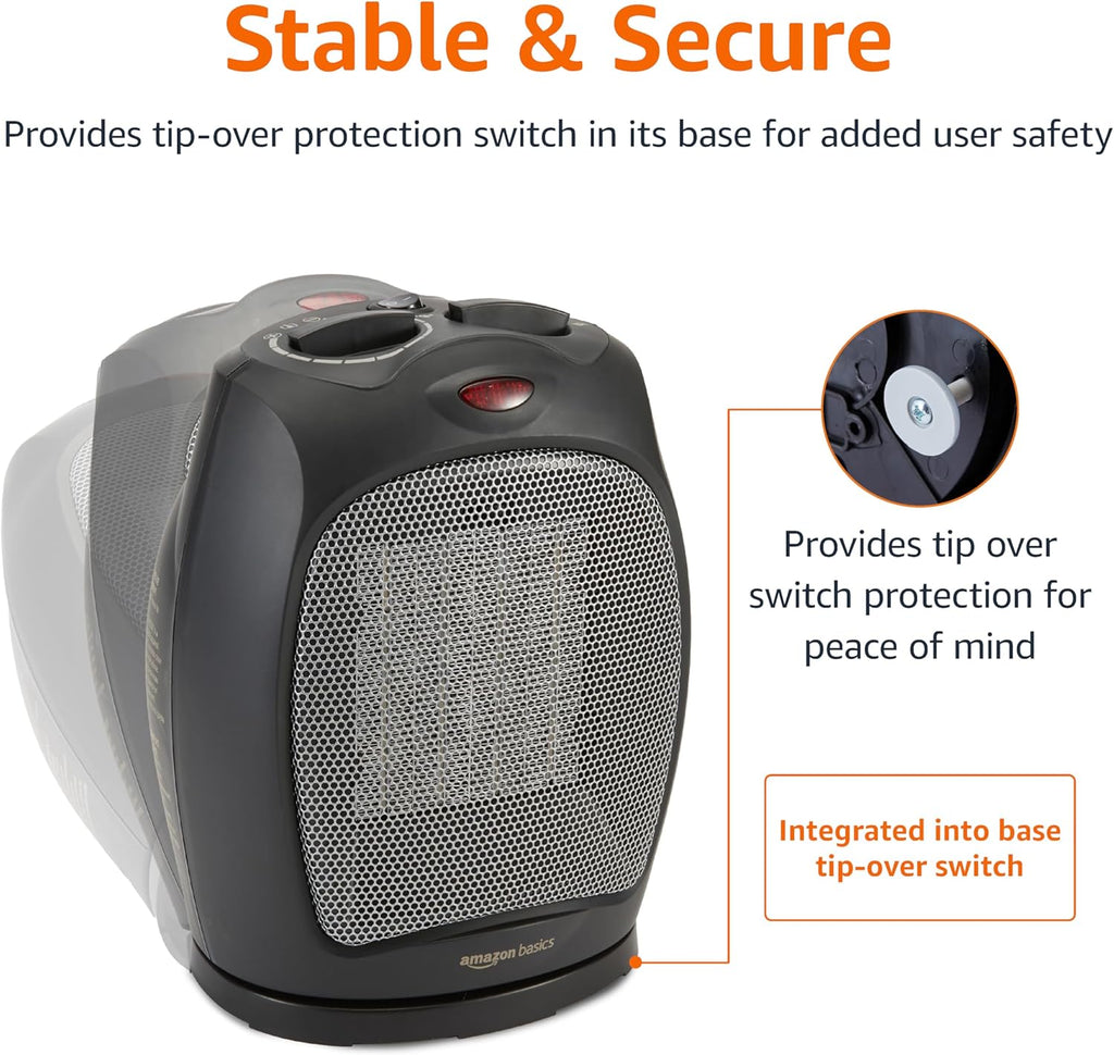 Amazon Basics Oscillating Ceramic Space Heater, Portable Indoor Heating Solution, With Overheat and Tip-Over Protection, Thermostat, 1500W, 7.52"D x 6.34"W x 9.45"H, Black