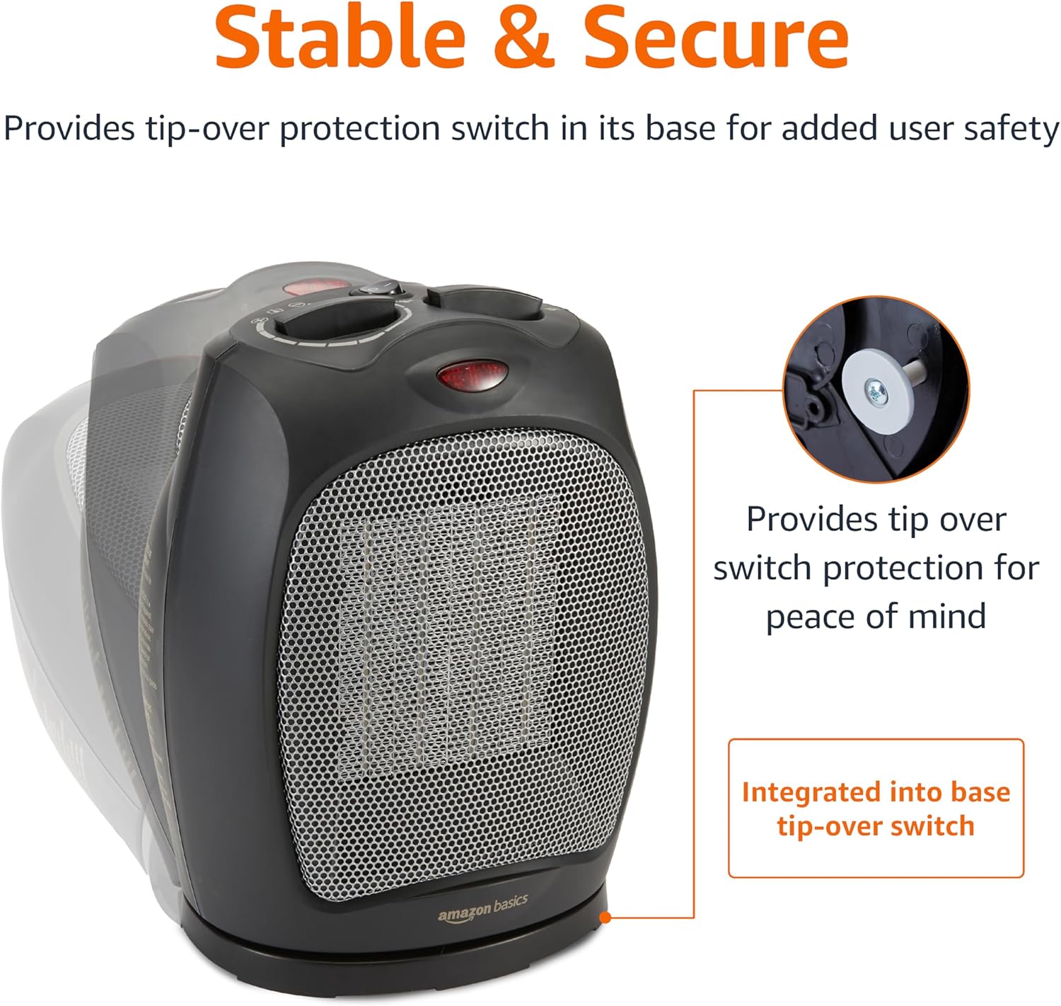 Amazon Basics Oscillating Ceramic Space Heater, Portable Indoor Heating Solution, With Overheat and Tip-Over Protection, Thermostat, 1500W, 7.52"D x 6.34"W x 9.45"H, Black
