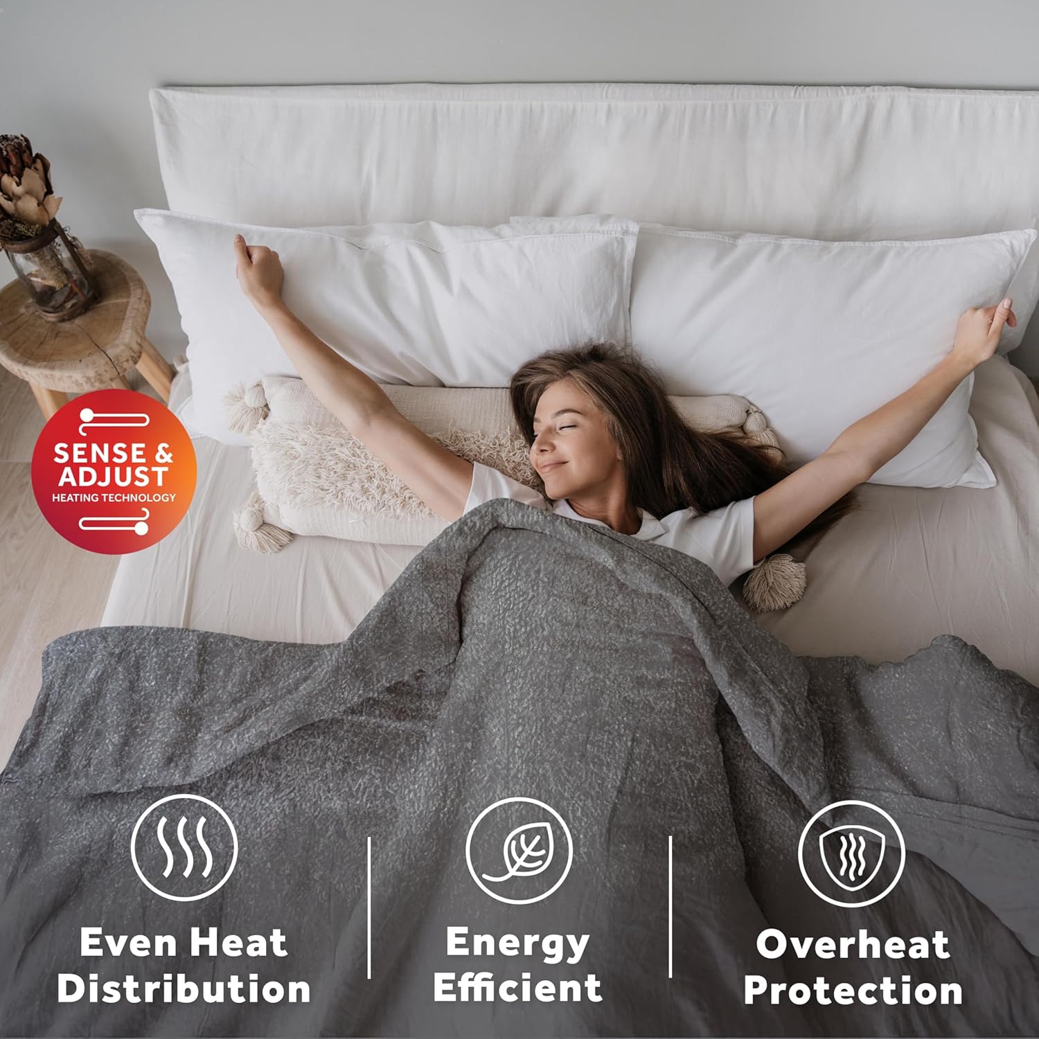 Sunbeam Electric Wi-Fi Connected Loftec Electric Heated Blanket, 10 Heat Settings, 10-Hour Auto Off, Fast Heating, Smart Heating Blanket, Voice & Wired Controller, Night Fog Grey, Full, 84" x 72"