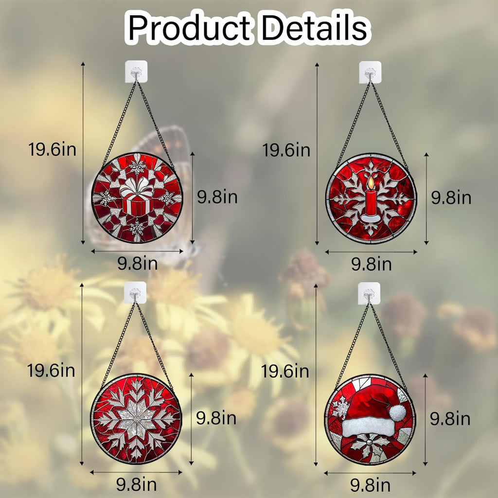 Stained Glass Window Hanging 4 Pcs Set Red Christmas Decorations Theme 9.8" - Suncatcher Door Garden Sun Catcher Decor Birthday for Mom Woman Nana Men Friend Wife