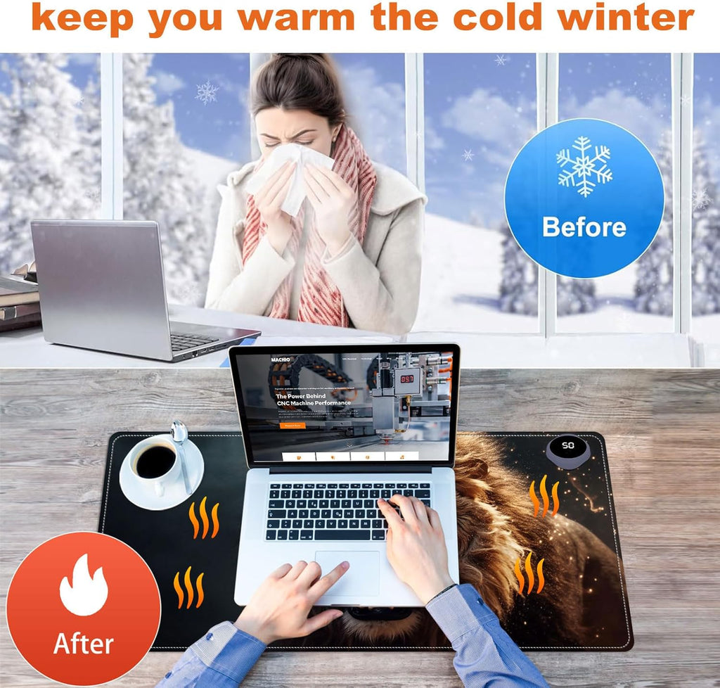 Small Heated Desk Pad 23.6" x 14.2" – Compact Electric Mouse Pad with 3 Heating Levels, Auto Shut-Off, Waterproof PU Surface, Plug-in Warmer for Office or Home Use, Roaring Lion