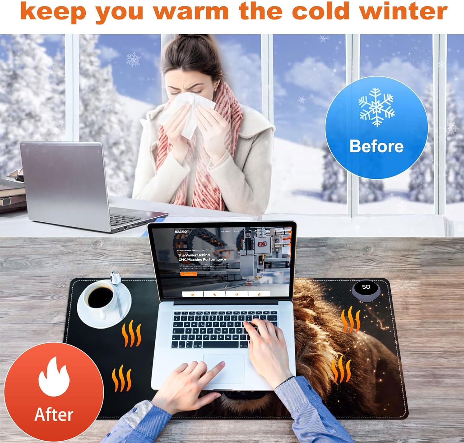 Heated Mouse Pad for Desk 31.5" x 13" – PU Leather Warm Desk Pad with 3 Heat Levels (104°F/113°F/122°F), Plug-in Electric Heating Mat with Auto Shut-Off, Waterproof & Rollable, Roaring Lion