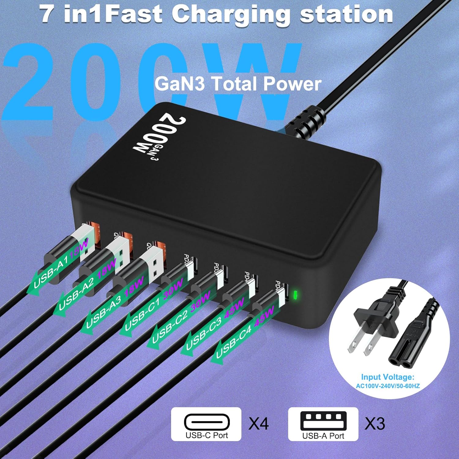 USB C Charger Block 200W 7 Port Fast Charging Block, PD Laptop Charger Station, Multiport Brick Hub Compatible with MacBook Pro/Air, iPad, iPhone 17/16/15/14, Galaxy S23/22, DELL, Steam Deck(Black)