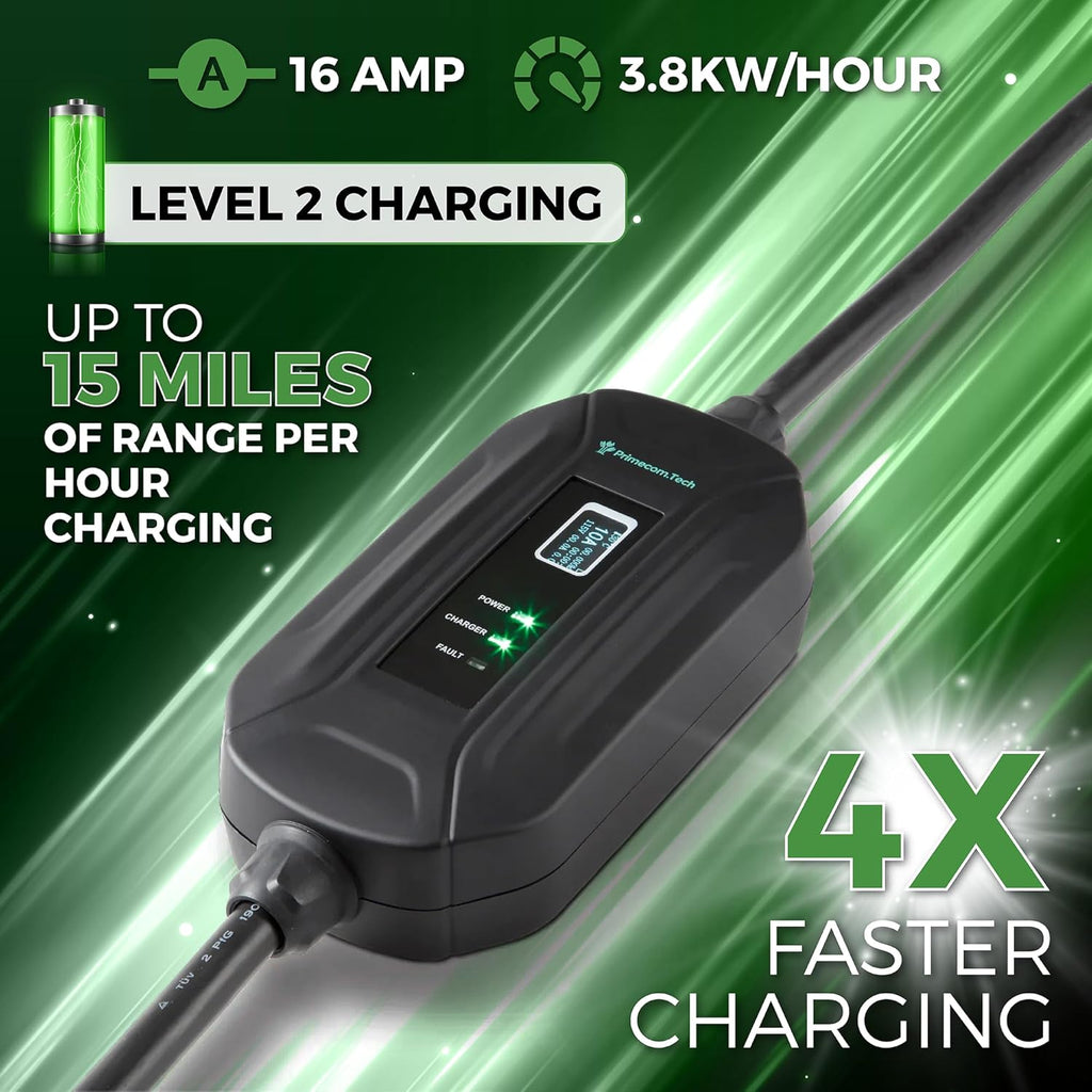 PRIMECOM Level 2 Electric Vehicle (EV) Charger (220V / 240Volt, 16Amp) Portable EVSE Smart Electric Car Charger, 30', 40', and 50 Feet Lengths (European, 35 Feet)