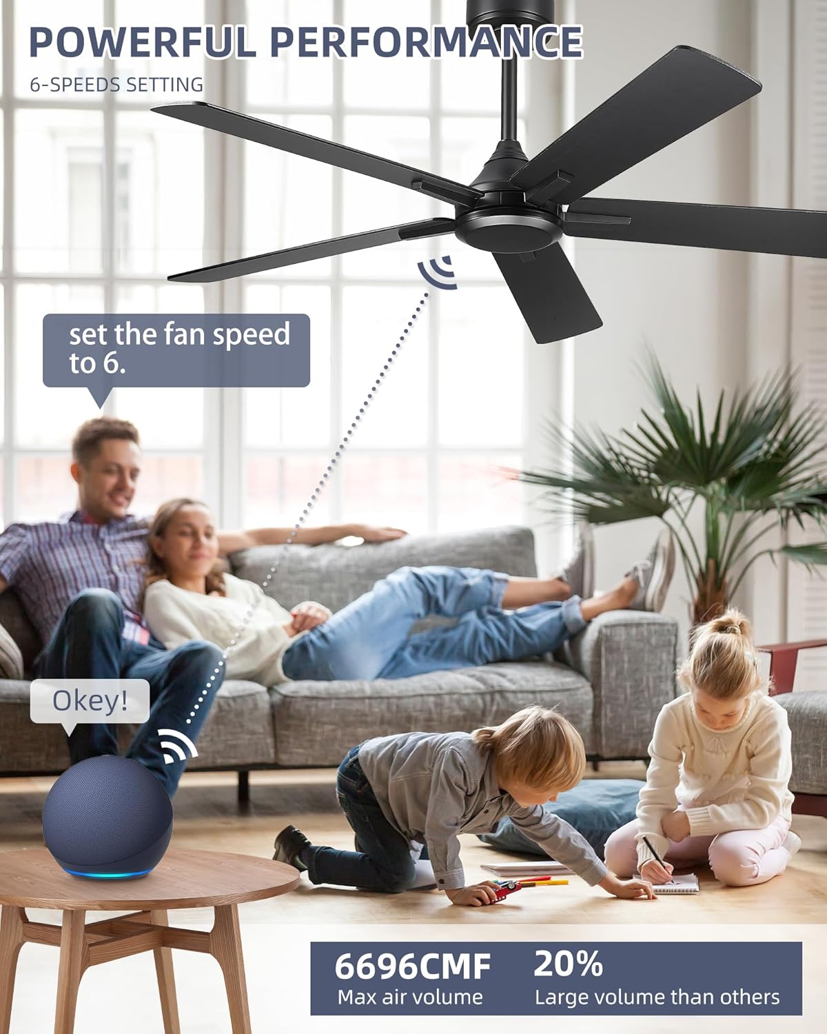 YOUKAIN Ceiling Fan without Light, 52 Inch Black Ceiling Fans, Smart Ceiling Fans Remote & APP Control, Reversible Blades, Outdoor Ceiling Fan for Bedroom, Living room, 52-YJ812-BK-NL