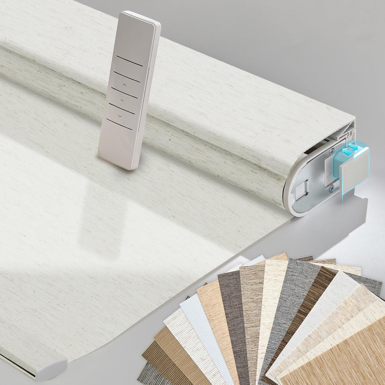 Persilux Smart Motorized Blinds with Remote, No Drill Automatic Roller Shades for Indoor Windows, Light Filtering Linen Fabric, Electric Blinds for Windows, Texture Cream 1703, Custom Size
