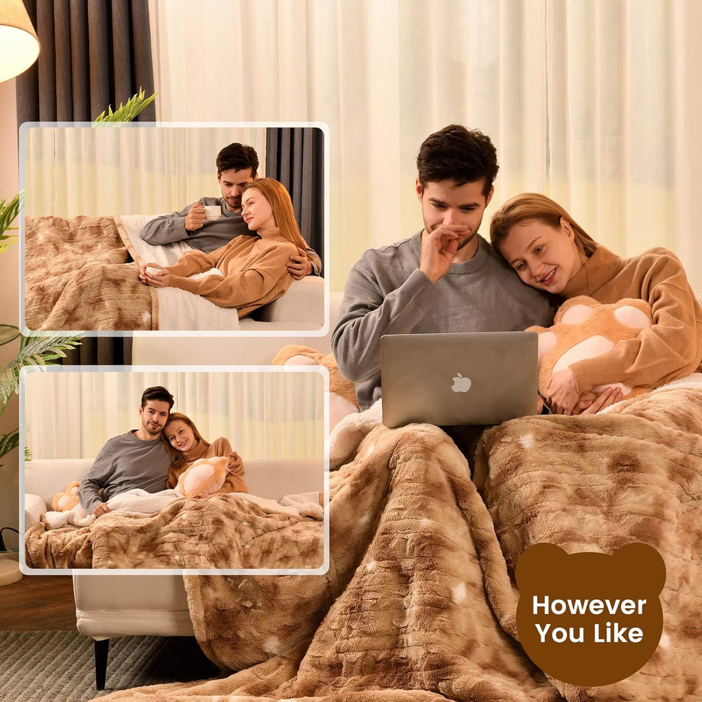 Bearhug Electric Blanket Twin Size 62" x 84", Faux Fur & Sherpa Heated Blanket, 10 Heating Levels & 1-12H Auto Off, Champagne, Over-Heat Protect, ETL Certification, Machine Washable