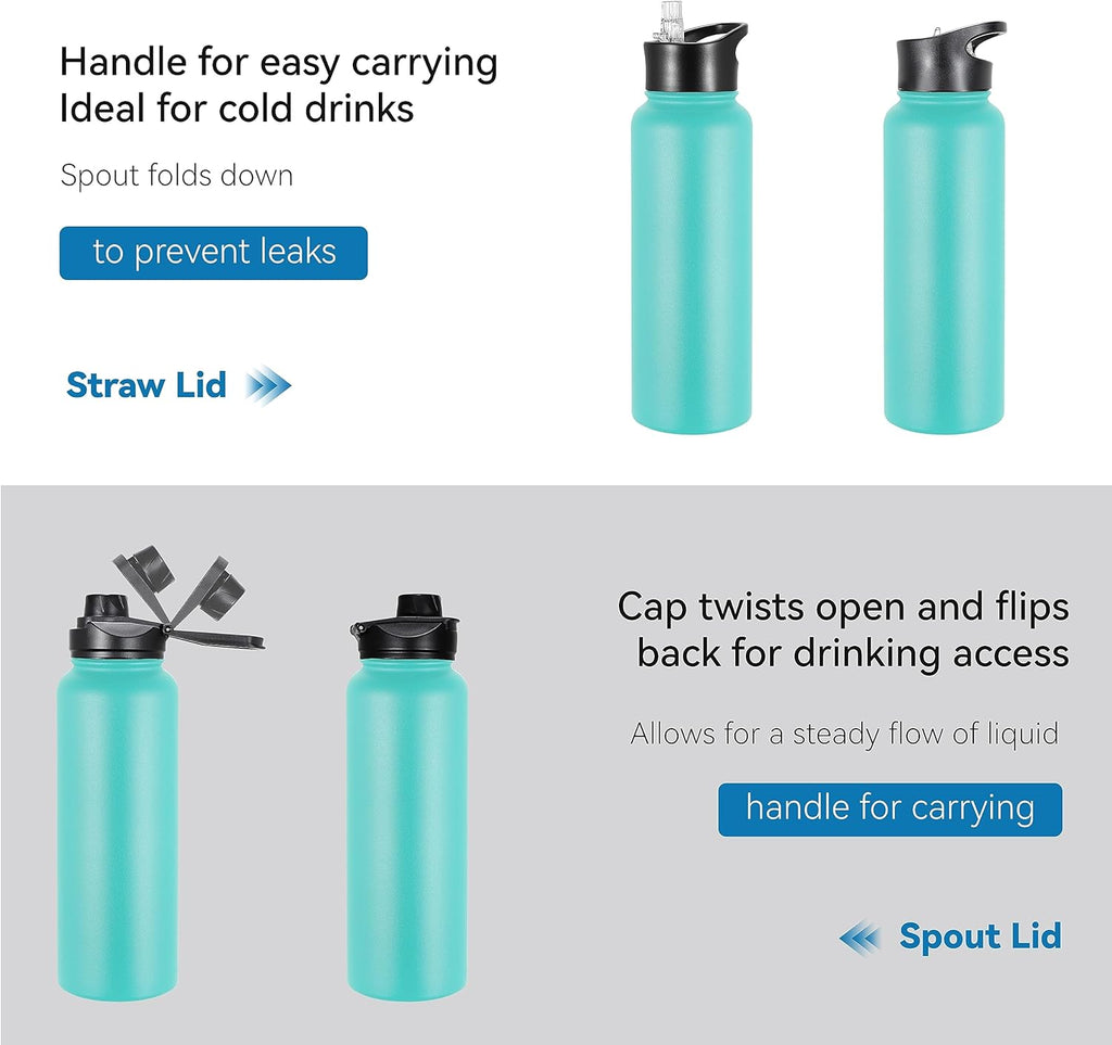 VEGOND 40 oz Insulated Water Bottle Stainless Steel Metal Water Bottles with Leak Proof Straw Lid & Spout Lid, Wide Mouth Double Walled Vacuum Travel Sports Bottle, Mint Green