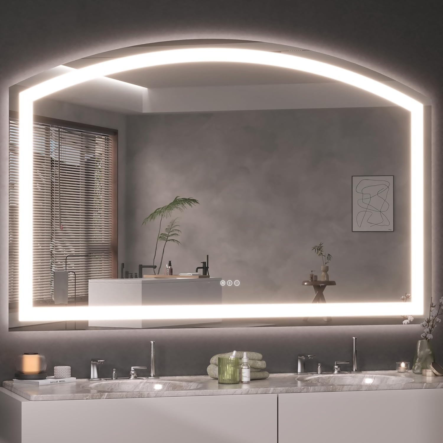 Hasipu 55" x 36" LED Bathroom Mirror Arch Vanity Mirror with Lights Frontlit Smart Touch Sensor Dimmable 3 Colors Temperature Shatterproof Wall-Mounted Vanity Mirror Metal Frame
