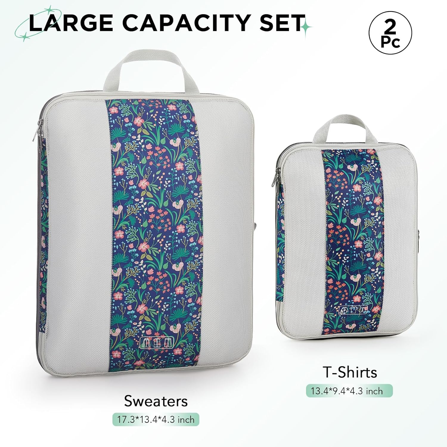2 Set Compression Packing Cubes for Travel Essentials,Compressible Expandable Packing Cubes for Suitcase,OlarHike Luggage Organizer Bags for Travel(Dark Blue Floral)