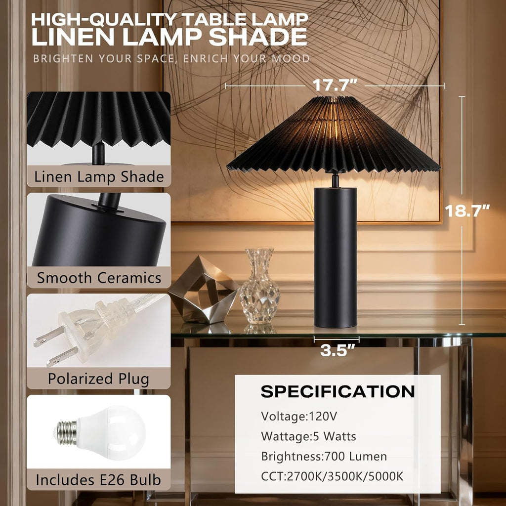 Modern Table Lamp with Metal Blade Lampshade and Cylindrical Base, E26 Bulb Compatible, Contemporary Accent Light for Living Room, Bedroom, Office (Black)