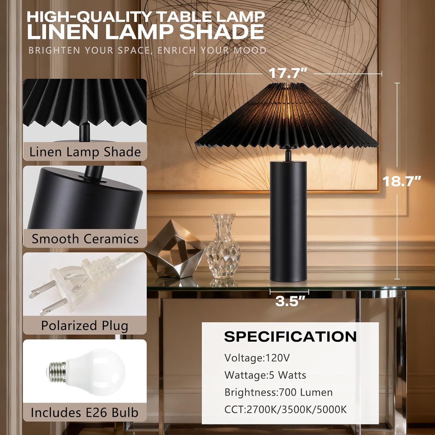 Modern Table Lamp with Metal Blade Lampshade and Cylindrical Base, E26 Bulb Compatible, Contemporary Accent Light for Living Room, Bedroom, Office (Black)