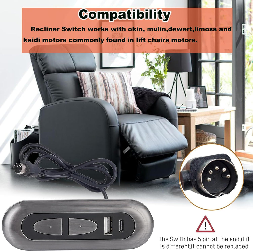 Lift Chair Remote Control Universal,2-Button 5-Pin Round Plug Electric Lounge Chair Manual Control Compatible with USB A and C Ports Okin Limoss Lane Electric Lazy Chair Switch Stand