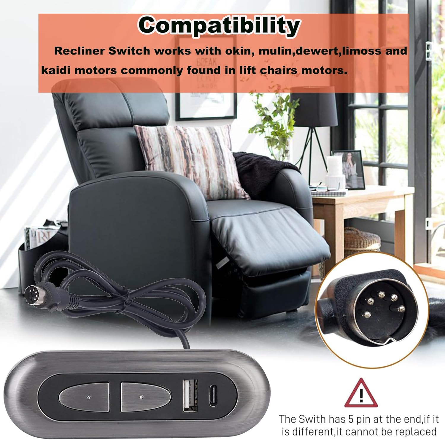 Lift Chair Remote Control Universal,2-Button 5-Pin Round Plug Electric Lounge Chair Manual Control Compatible with USB A and C Ports Okin Limoss Lane Electric Lazy Chair Switch Stand