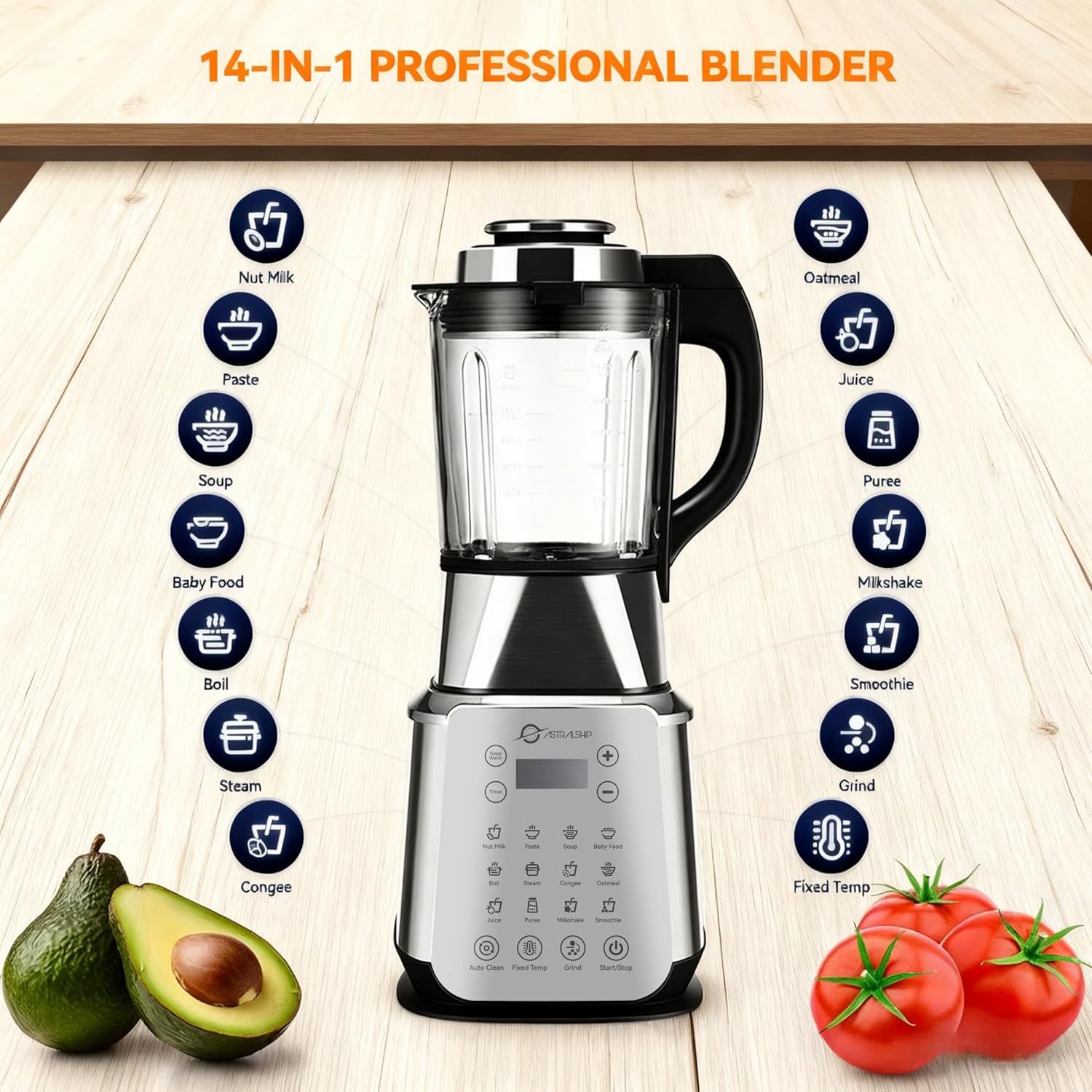 Blenders for Kitchen 1500W Stainless Steel Professional Blender for Smoothies, 59oz Glass Jar Countertop Blender with Tamper, Food Processor with Heating, 14 Smart Programs, ASH01-S Pro Auto Clean