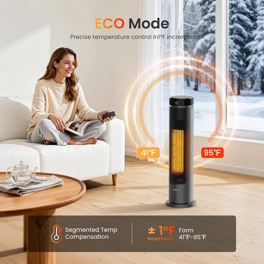 1500W Tower Indoor Space Heater for Home with Programmable Thermostat, 12H Timer & Remote Control, Oscillation and ECO Mode, Electric Heaters for Office, Bedroom, Home (Grey)