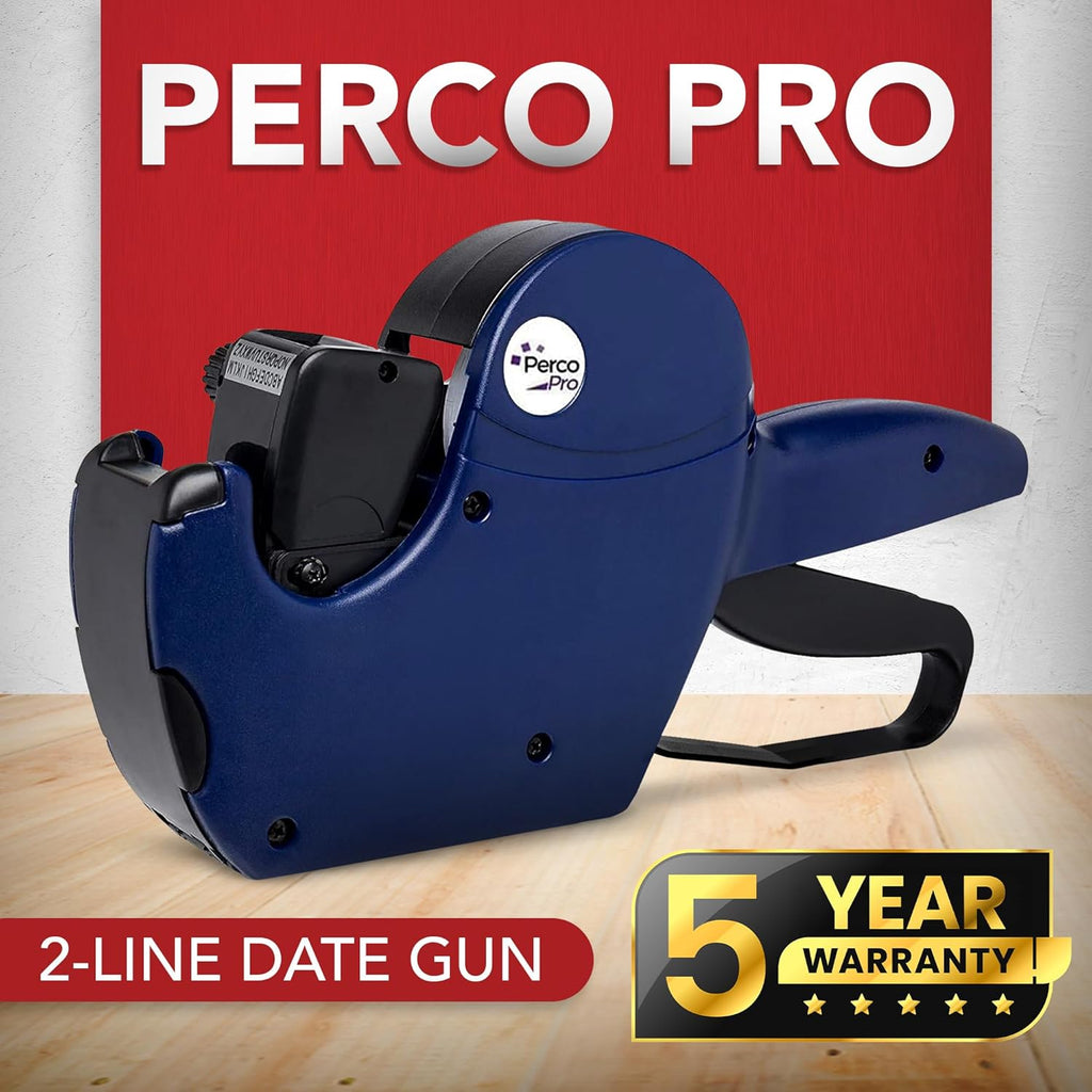 Perco Pro 2 Line Date Gun, Includes 16 Digits Date Gun Labeler, Pre-Loaded Roll of 750 White Labels and Ink Roll