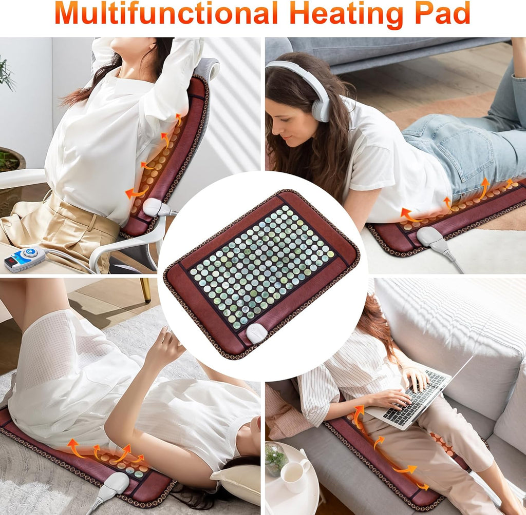 Natural Blue Jade Heating Pad, Infrared Heating Pad, Far Infrared Heating Pads with Travel Bag and Chair Strap, Smart Controller with Memory Function, Auto Shut Off (Brown, 25 in x 18 in)