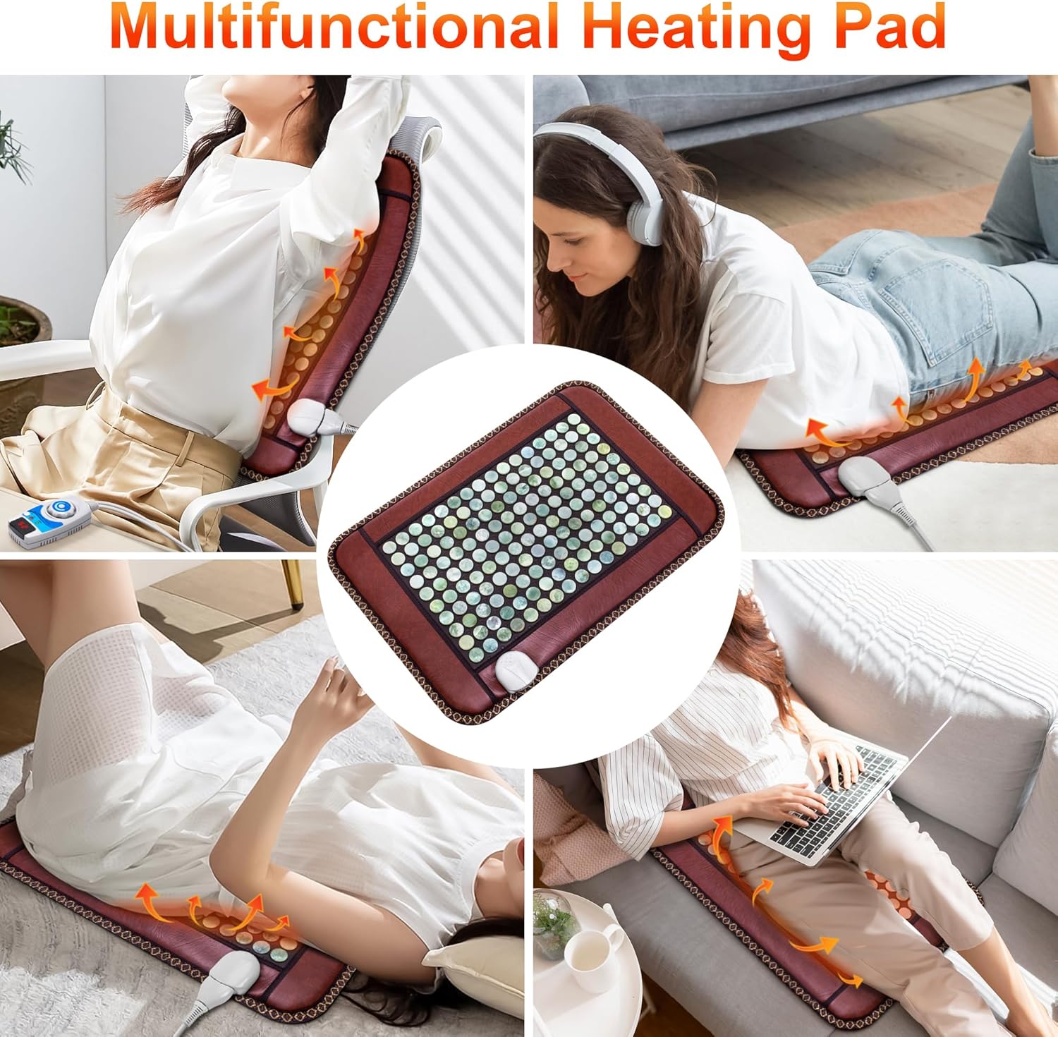 Natural Blue Jade Heating Pad, Infrared Heating Pad, Far Infrared Heating Pads with Travel Bag and Chair Strap, Smart Controller with Memory Function, Auto Shut Off (Brown, 25 in x 18 in)