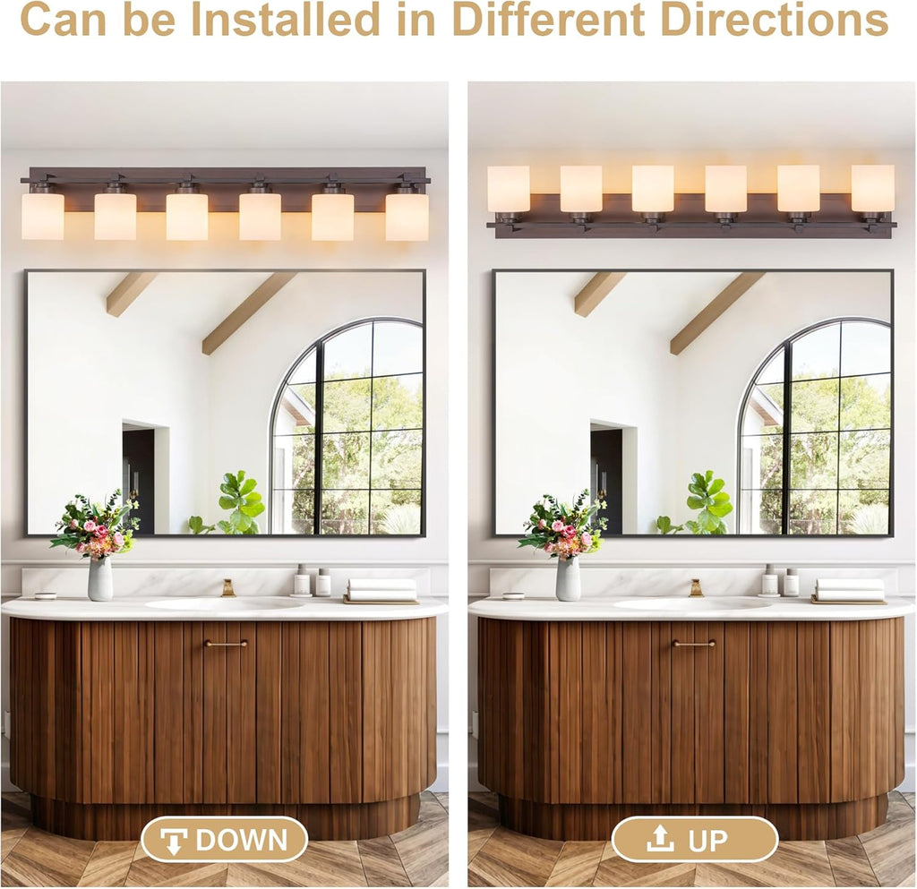 6 Light Modern Bathroom Light Fixtures Over Mirror, Bronze Finish Vanity Lights for Bathroom Wall Sconces with Milky White Glass Shades, E26 Socket (Bulbs Not Included)