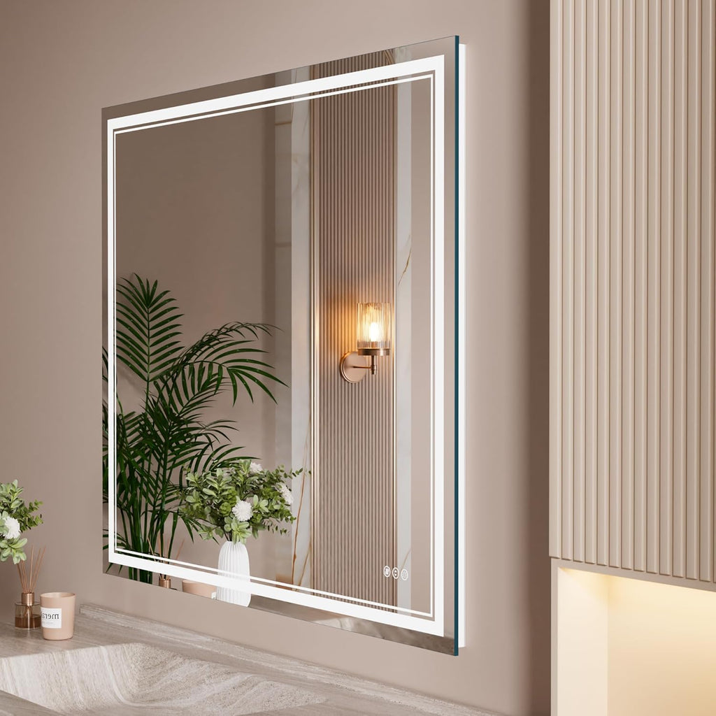 WTTY LED Bathroom Mirror 31.5"x48" with Back and Front Light,Modern LED Mirror for Bathroom,Dimmable Lighted Bathroom Vanity Mirror with Anti-Fog,Memory Function,Shatter-Proof,Wall Mounted