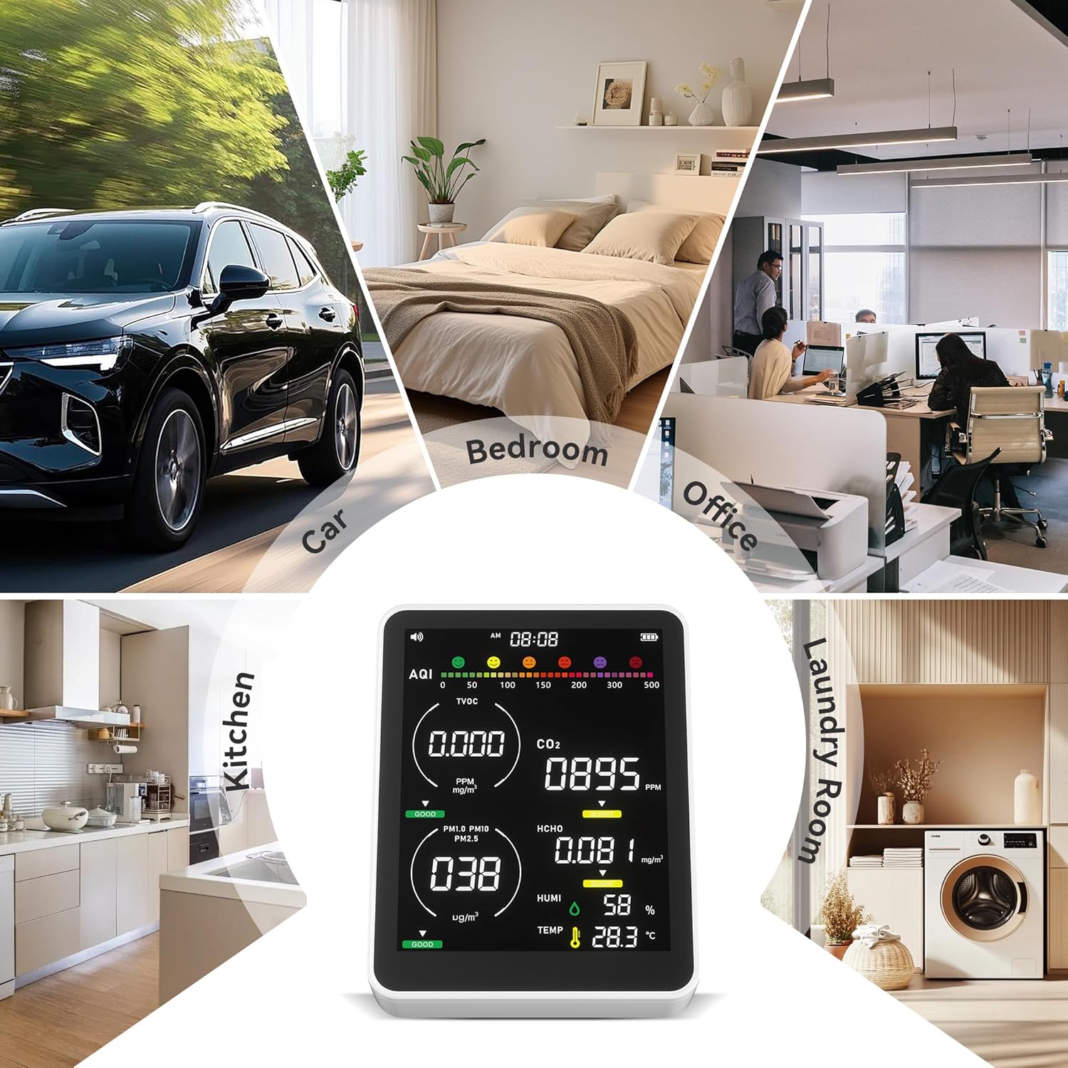 Air Quality Monitor Indoor,13-in-1 Smart Air Quality Tester with PM 2.5, CO2, TVOC, HCHO, PM1, AQI, PM10, Temperature & Humidity, Real Time Display, Battery Powered, for Home & Office (Ice White)