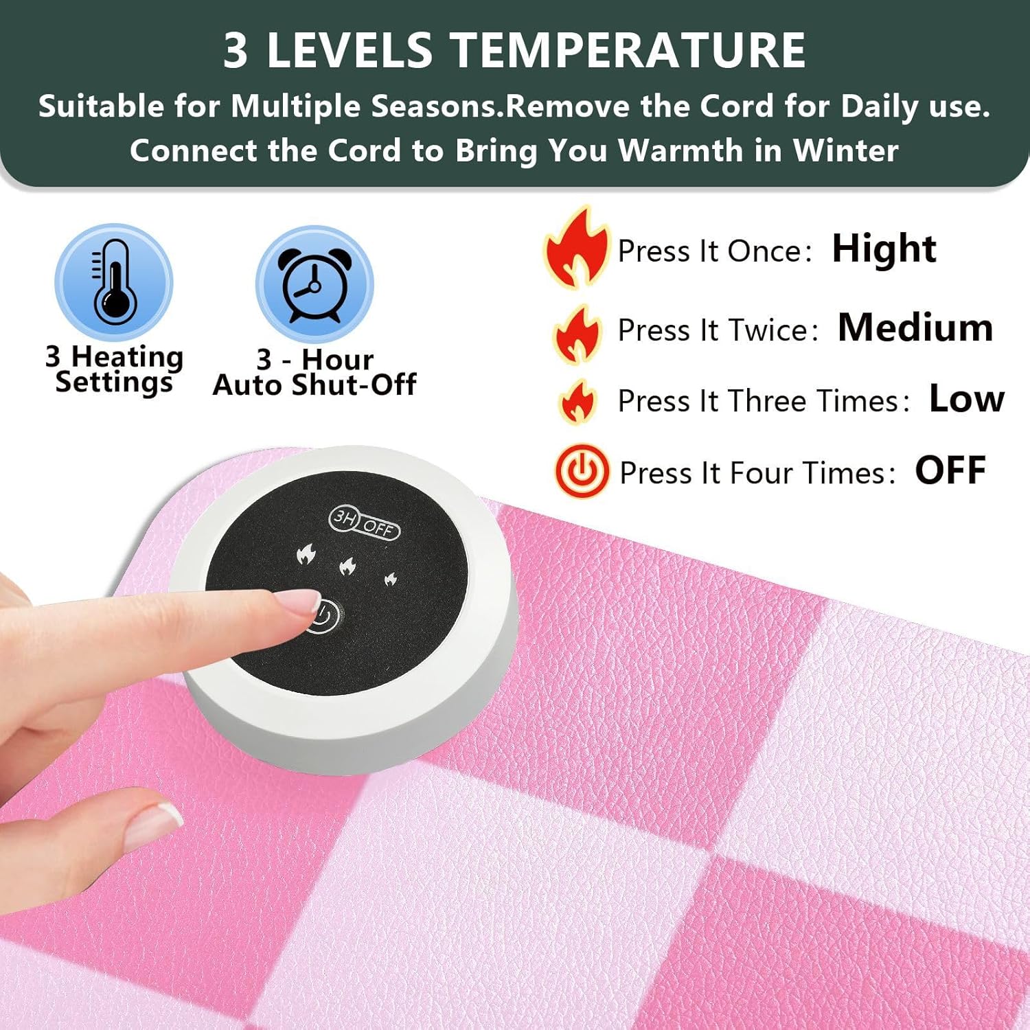 Checkered Pink Heated Desk Pad Mouse Pad 31.5x13 Inch PU Leather Desk Mat with 3 Heat Levels Large Mouse Gaming Computer Laptop Mat