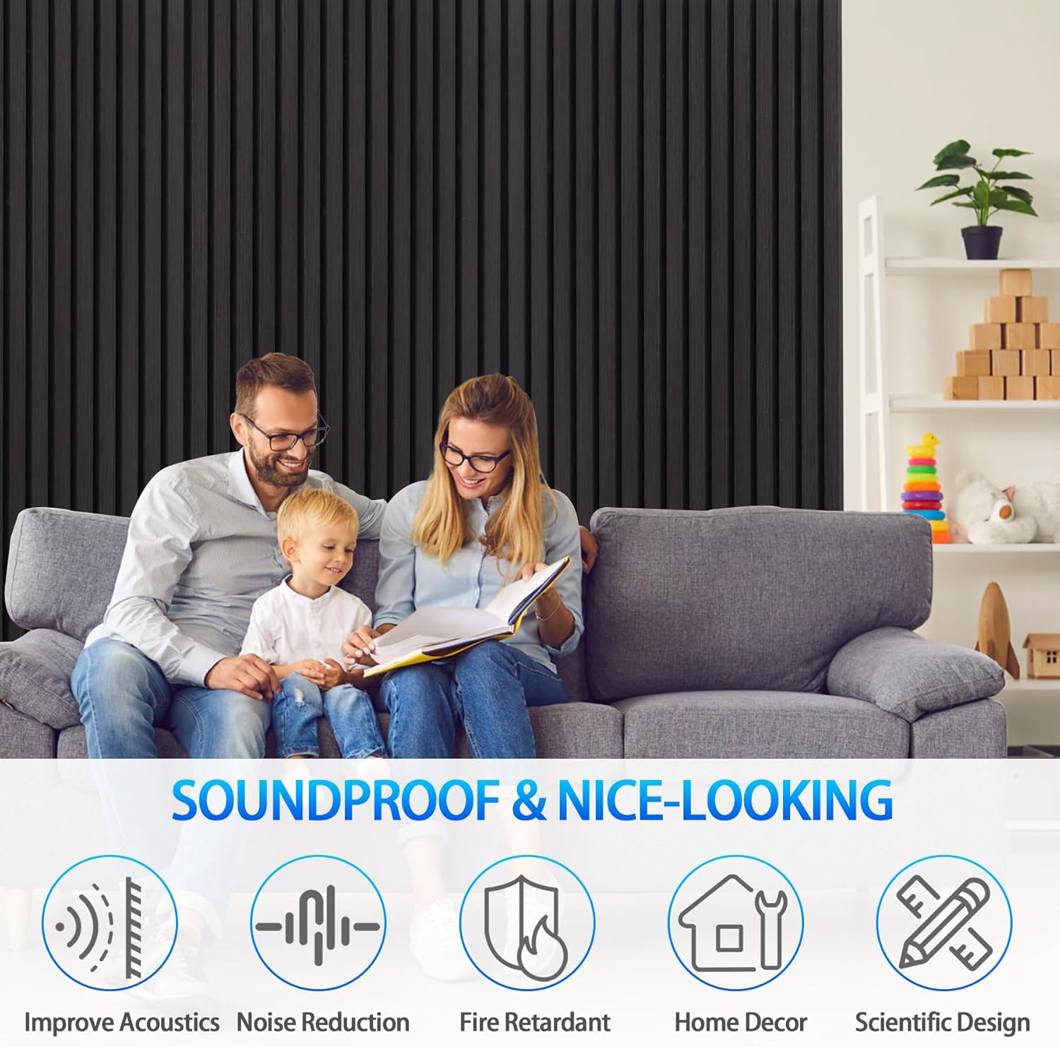 3D Slat Acoustic Wall Panels with Wood Finish Accent, 4 Pack Sound Absorbing Paneling for Studio, Office, Living Room, Bedroom Interior Decor (Matte Black, 48''L x 24''W)