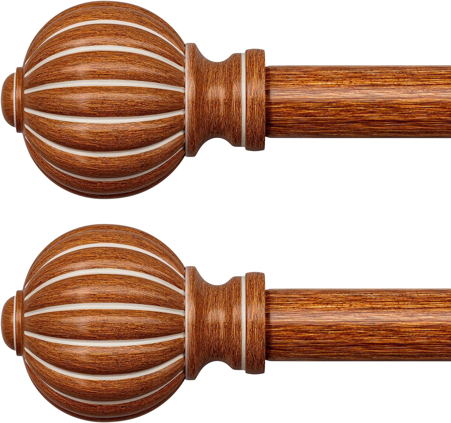 2 Pack Reddish-Brown Wood Curtain Rods for Windows 28 to 48 Inch, 1'' Adjustable Heavy Duty Curtain Rod，Vintage Imitation Wood Decorative Drapery Rods with Pumpkin Finials for Living Room