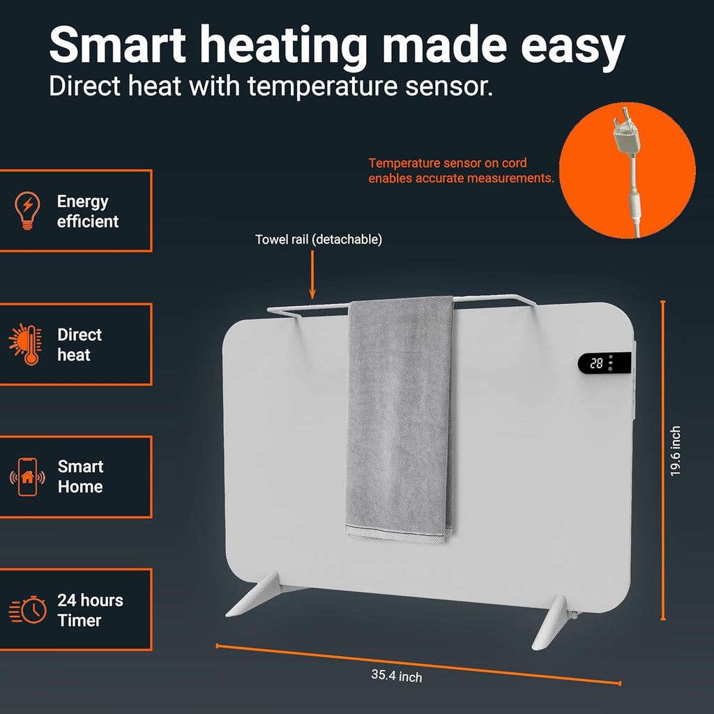 Könighaus 600W Smart Dual Space Heater – Wall heater and mobile use – WiFi App Control & Remote – Includes Towel Rack, Stand Feet & Mounting Kit – Color: White