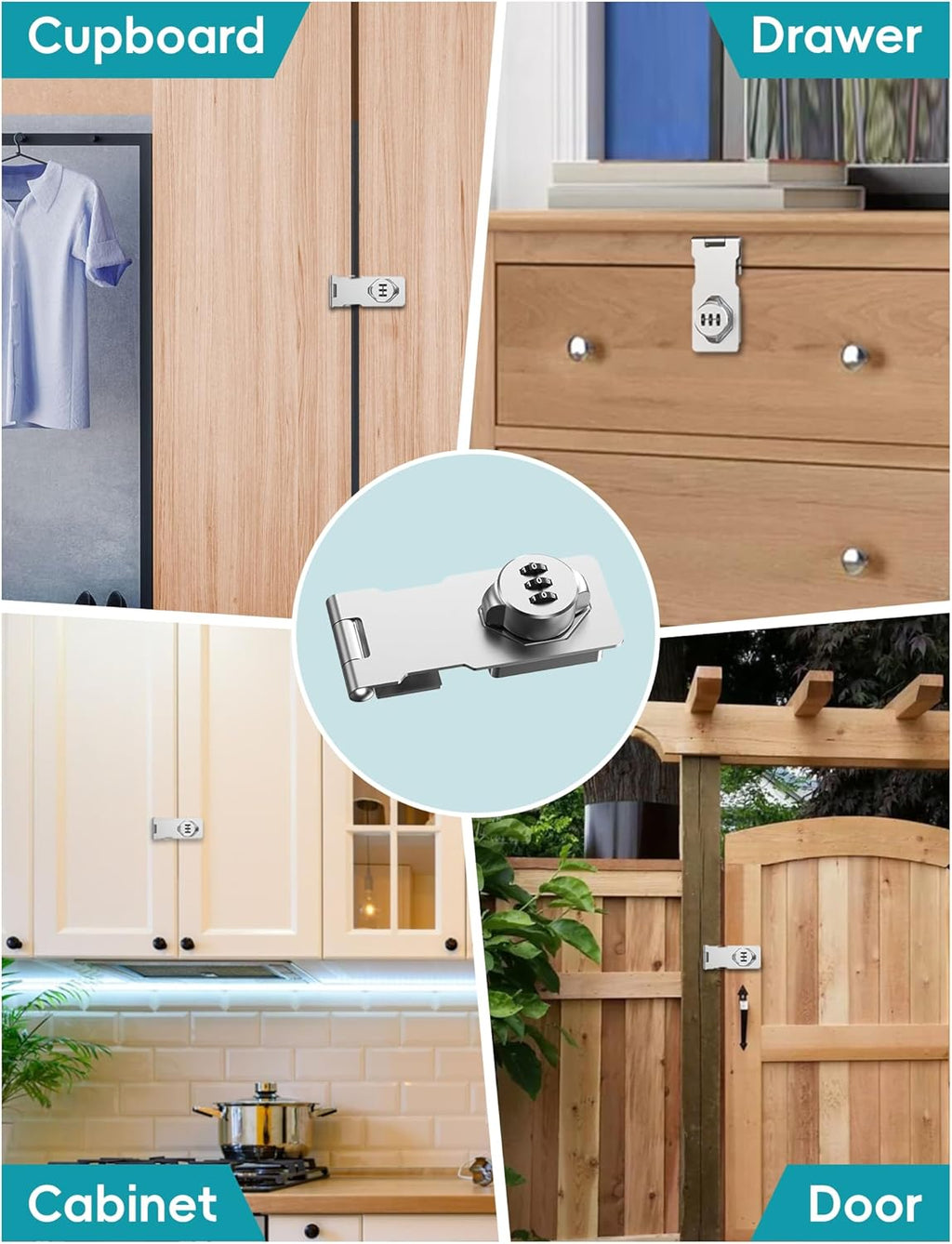 Cabinet Password Hasp Lock, Keyless Combination Lock for Small Doors, Bathroom, Outdoor, Garage, Garden, Silver, 2 Pack