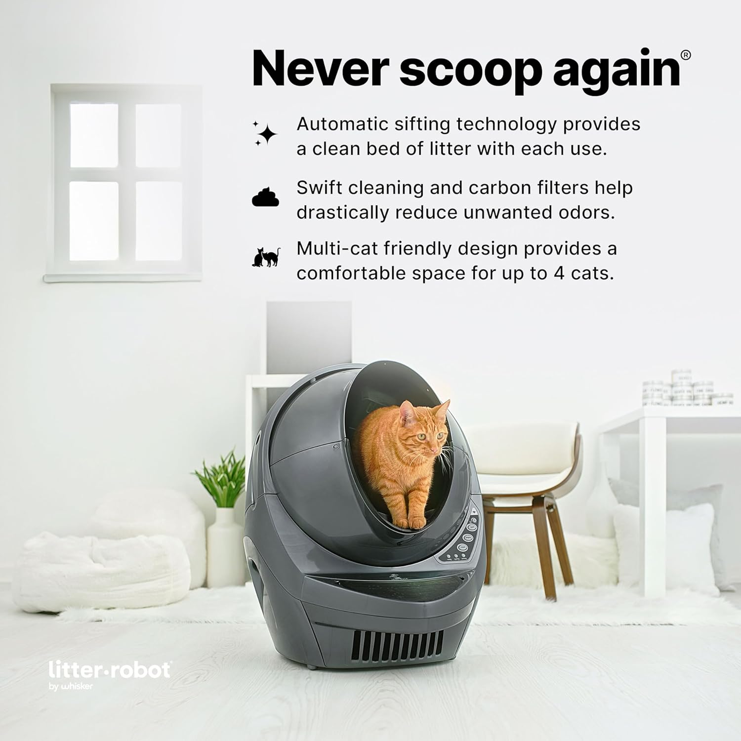 Litter-Robot 3 Connect by Whisker, Grey - Automatic, Self-Cleaning Cat Litter Box, Helps Reduce Litter Box Odors, Works with Almost Any Clumping Litter, WhiskerCare 1-Year Warranty