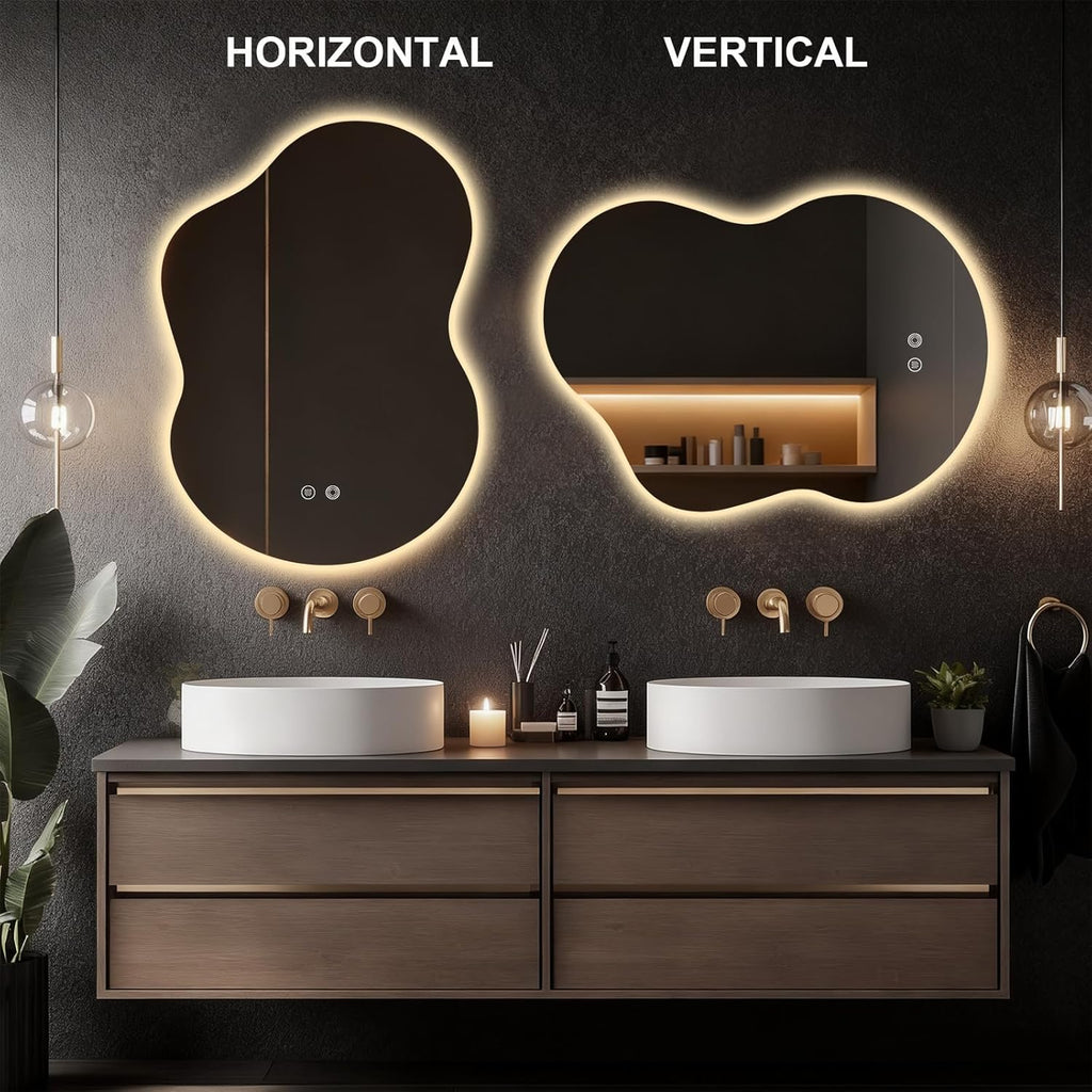 Asymmetrical Lighted Mirror for Bathroom,Modern LED Vanity Mirror with Backlit,Fog-Free,Tri-Color Dimmable Lighting with Memory Function,Hardwire Ready [Horizontal/Vertical] 35" H x 25" W