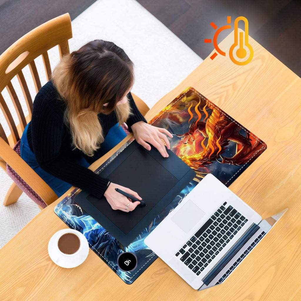 Heated Mouse Pad, Warm Desk Pad, Keyboard Mat 23.6 x 14 Inch Large Size Intelligent Fast Heating, 3 Speed Adjustable, Timed Auto Power Off for Game Office Home, Dragons Gather