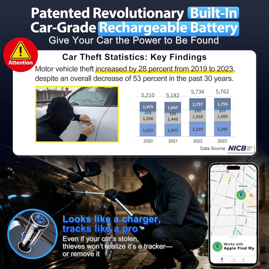LIONO Car GPS Tracker & Charger with Built-in Rechargeable Battery, GPS Tracker for Vehicles, Hidden Car Tracker for Anti-Theft & Parking Location, for Family& Fleets, No Monthly Fee, No SIM, iOS Only