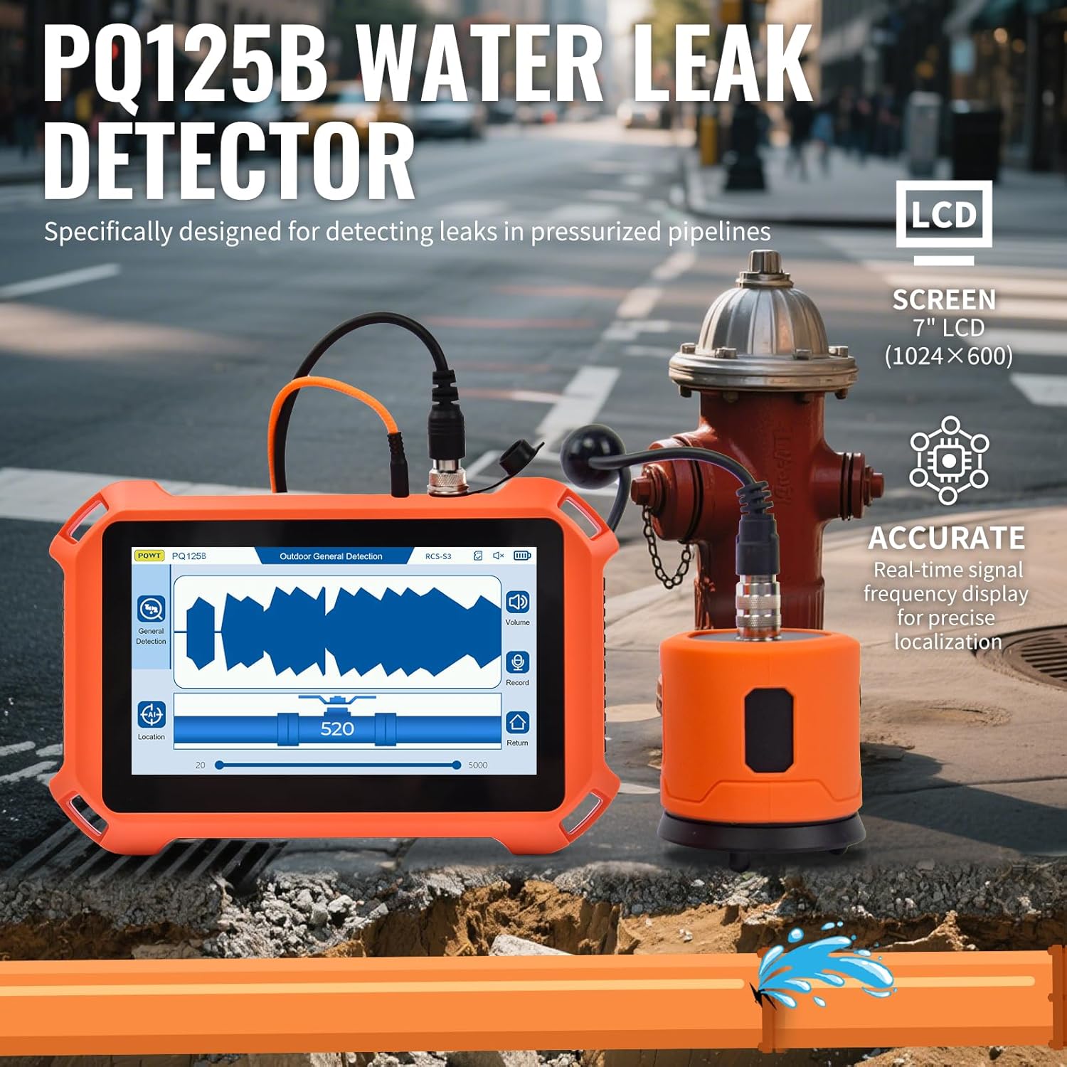 PQWT Underground Water Leak Detectors PQ125B Outdoor Wall Pipe Water Leakage Detection with Touchscreen Earphone and Carrying Case Sensor Acoustic Pipeline Sound Intensifier