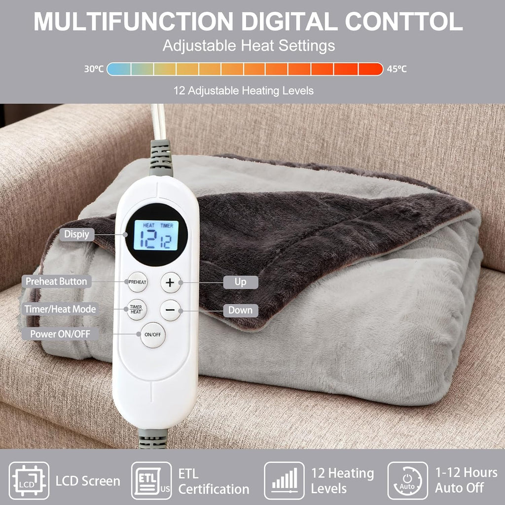 Electric Heated Blanket Throw 50''x60'' – Soft Dual-Sided Flannel, 12 Heat Settings, Smart Timer, ETL & FCC Certified, Machine Washable (Deep Gray & Light Gray)