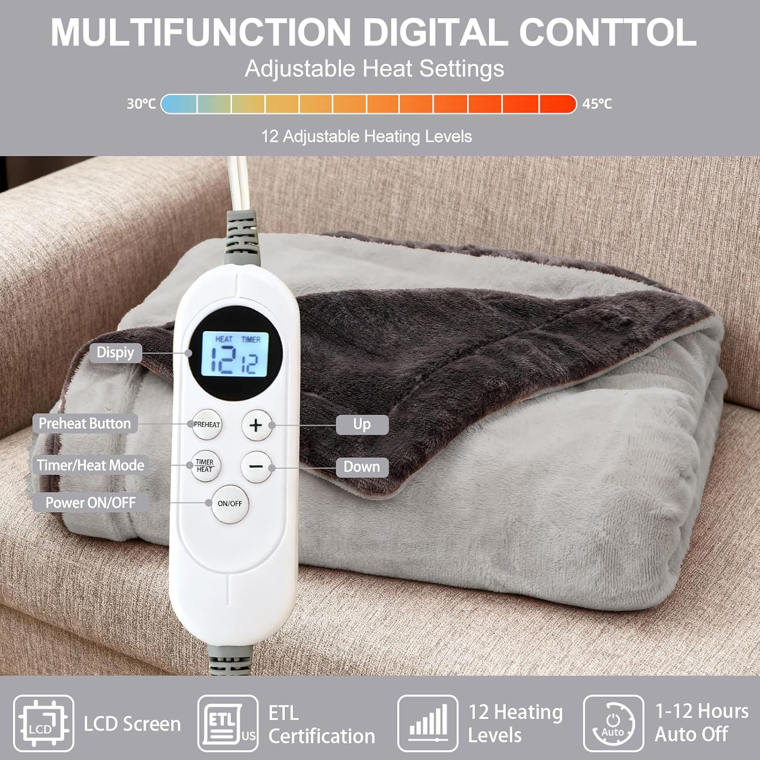Electric Heated Blanket Throw 50''x60'' – Soft Dual-Sided Flannel, 12 Heat Settings, Smart Timer, ETL & FCC Certified, Machine Washable (Deep Gray & Light Gray)