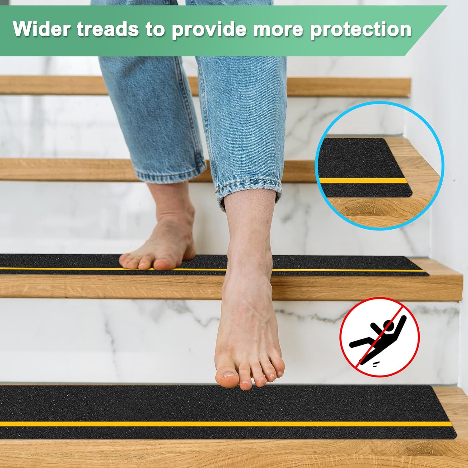 10-Pack Anti Slip Traction Tape 24" x 6" Best Grip Tape Grit with 12mm/0.47" Glow in Dark Stripe High Traction Friction Abrasive Adhesive for Indoor/Outdoor Stairs[Black+Yellow]