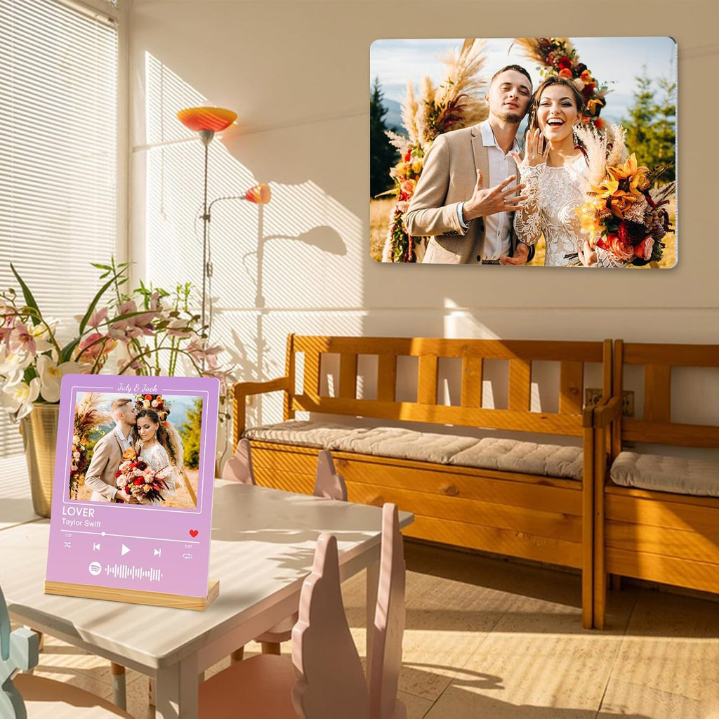 Custom Photo Prints - Metal Desktop Picture Frame with Photos & Spotify Song Plaque & Wooden Base Personalized Gifts for Family Friends and Lovers, Optional Multiple Sizes