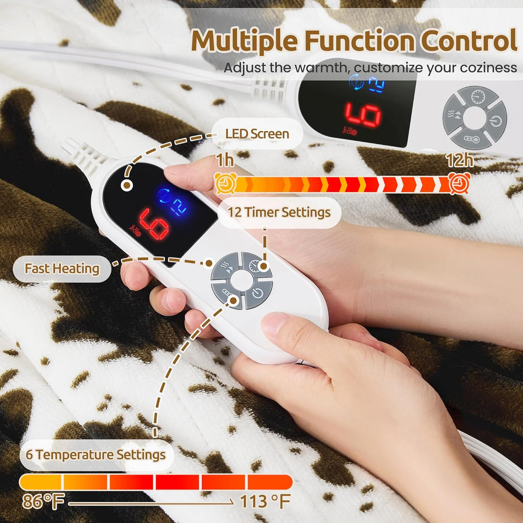 Electric Blanket Queen Size, Dual Control Heated Blanket with 6 Heat Settings, 1-12H Timer, Soft Sherpa & Flannel, Machine Washable, Brown Cow Print, 84" x 90"