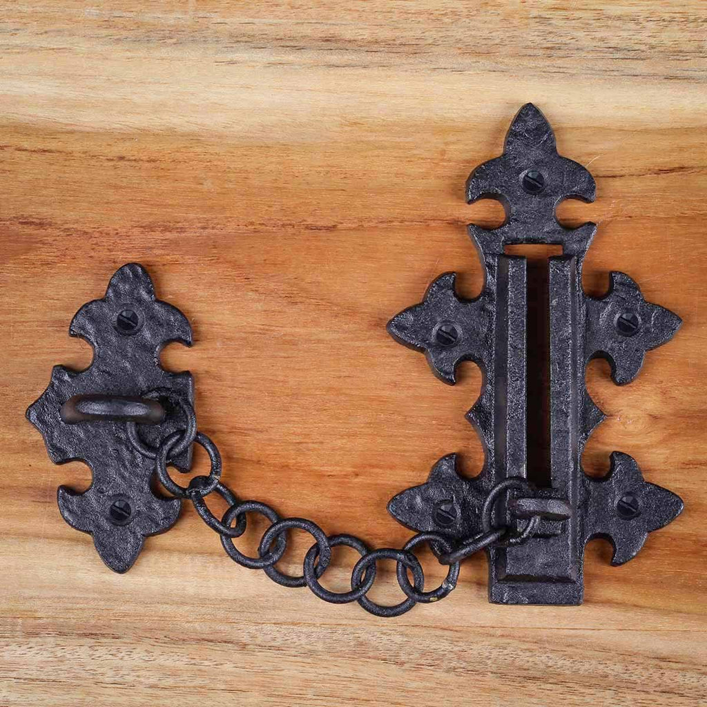 Renovators Supply Manufacturing Black Chain Door Latches Slide Latch Bolt 5" Long Wrought Iron Colonial Chain Type Door Guard Extra Security Rust Resistant Privacy Latches with Hardware Pack of 4