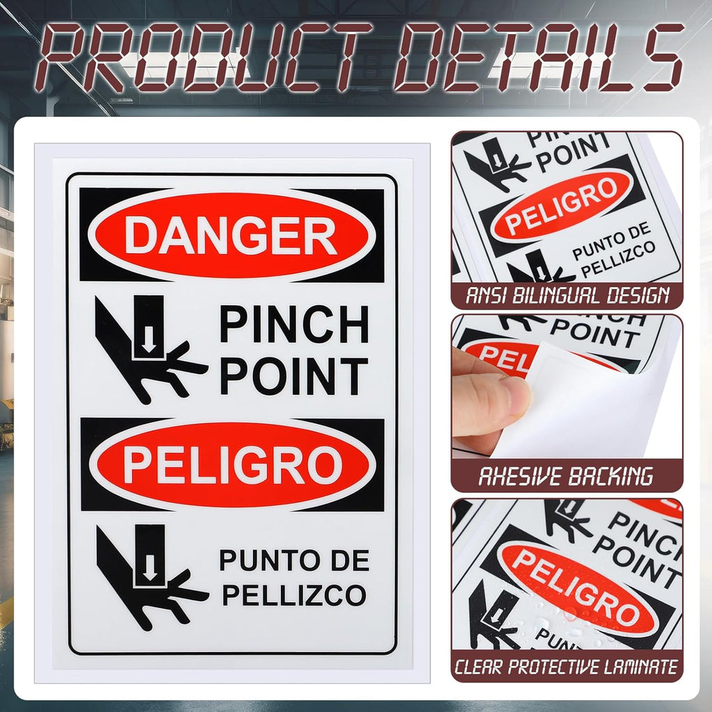 100 PCS Danger Pinch Point English + Spanish OSHA Label Decal - 5 x 3.5 Inch Bilingual Safety Warning Label Decal Vinyl for Machinery Equipment Industrial Warehouse