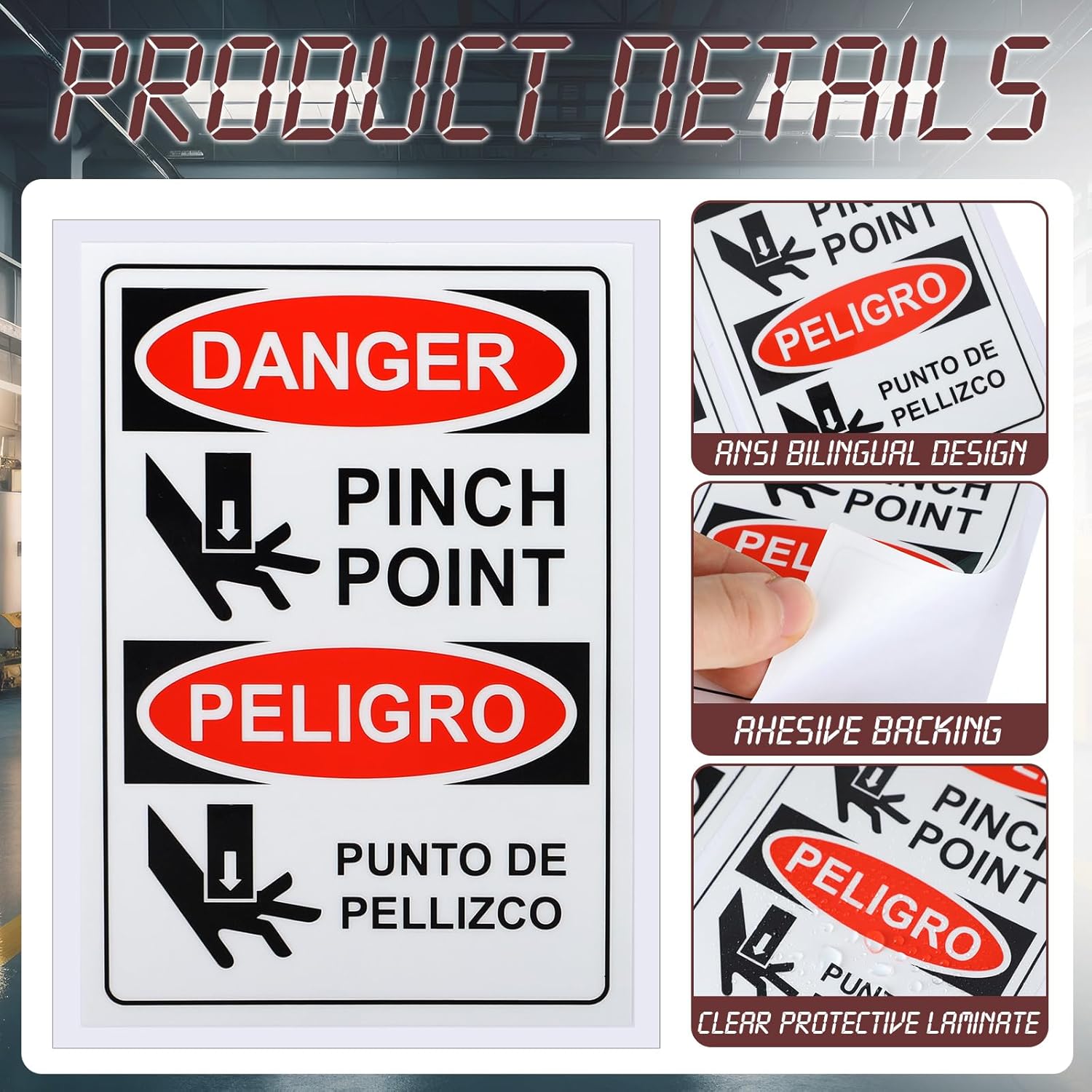 100 PCS Danger Pinch Point English + Spanish OSHA Label Decal - 5 x 3.5 Inch Bilingual Safety Warning Label Decal Vinyl for Machinery Equipment Industrial Warehouse