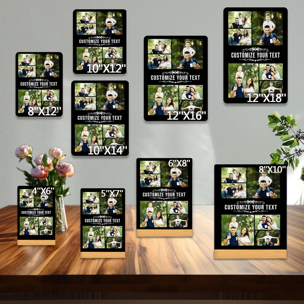 Custom Photo Prints - Metal Desktop Picture Frame with Photos & Name & Wooden Base Personalized Gifts for Family Friends Lovers and Pets, Optional Multiple Sizes