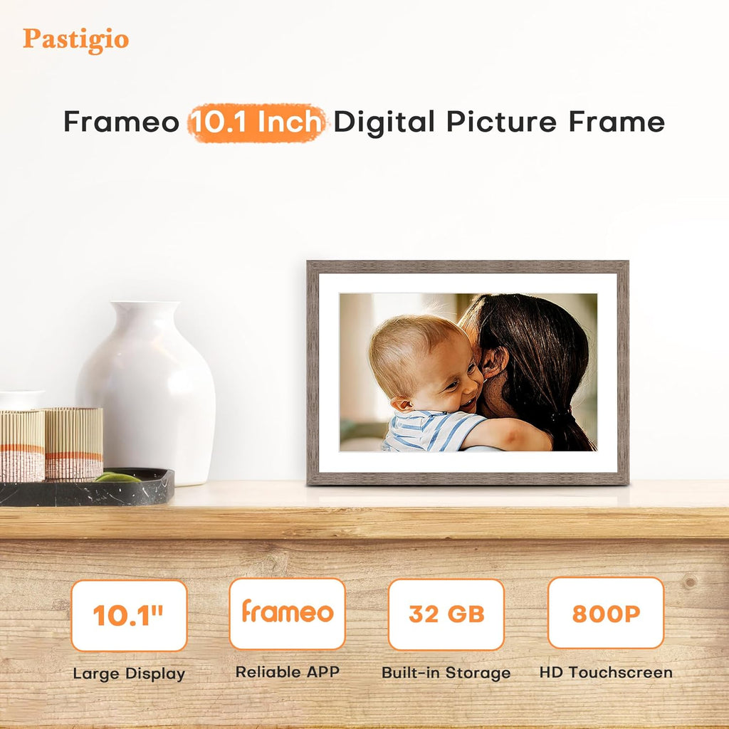 Frameo 10.1 Inch Digital Picture Frame, Digital Photo Frame WiFi, 32GB Memory, Electric Slideshow Frame, 1280 * 800 HD Touch Screen, Wall Mountable, Share Instantly, Mom Gifts, Greige